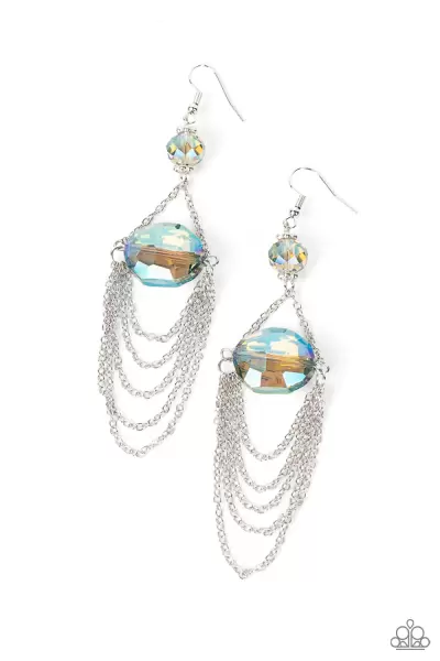 ETHEREALLY EXTRAVAGANT - MULTI IRIDESCENT GEM SILVER CHAIN EARRINGS - SUMMER PARTY PACK 2022 EXCLUSIVE - PAPARAZZI
